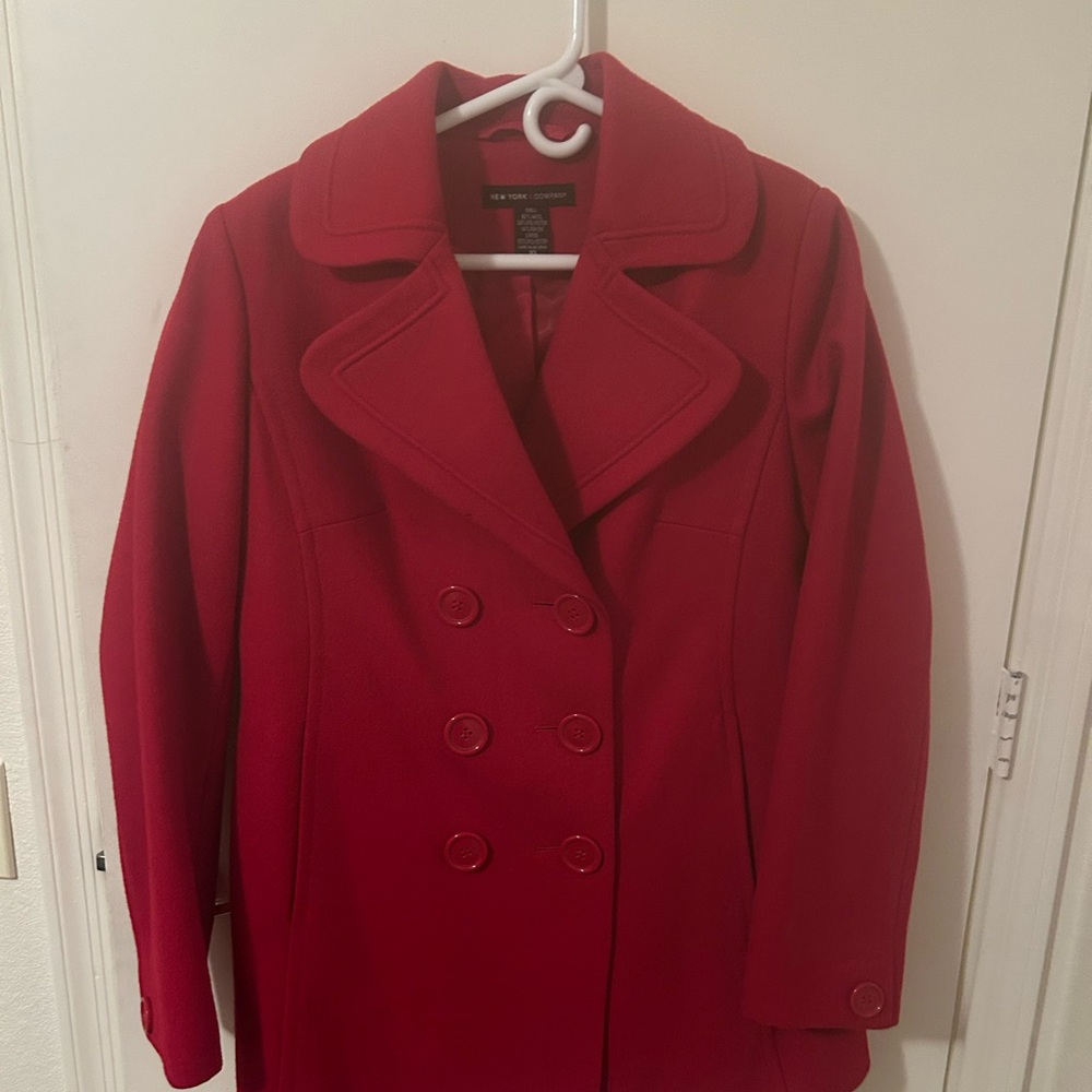 New York & Company Red Pea Coat with Notched Lapel